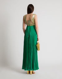 Long robe en soie avec broderies dorées - Bottle green