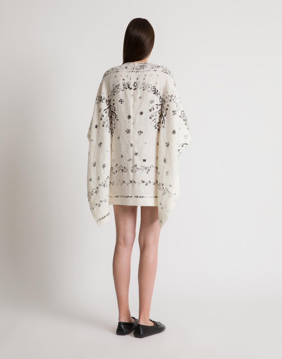 Robe courte en lin imprimé avec cape - Ivory