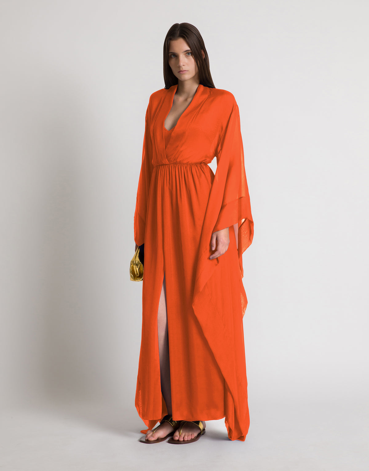 Long robe en soie à manches larges - Orange