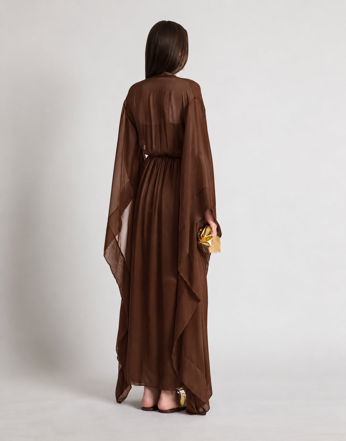 Long robe en soie à manches larges - Brown