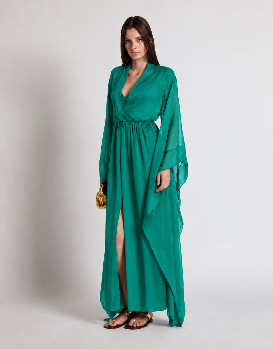 Long robe en soie à manches larges - Bottle green