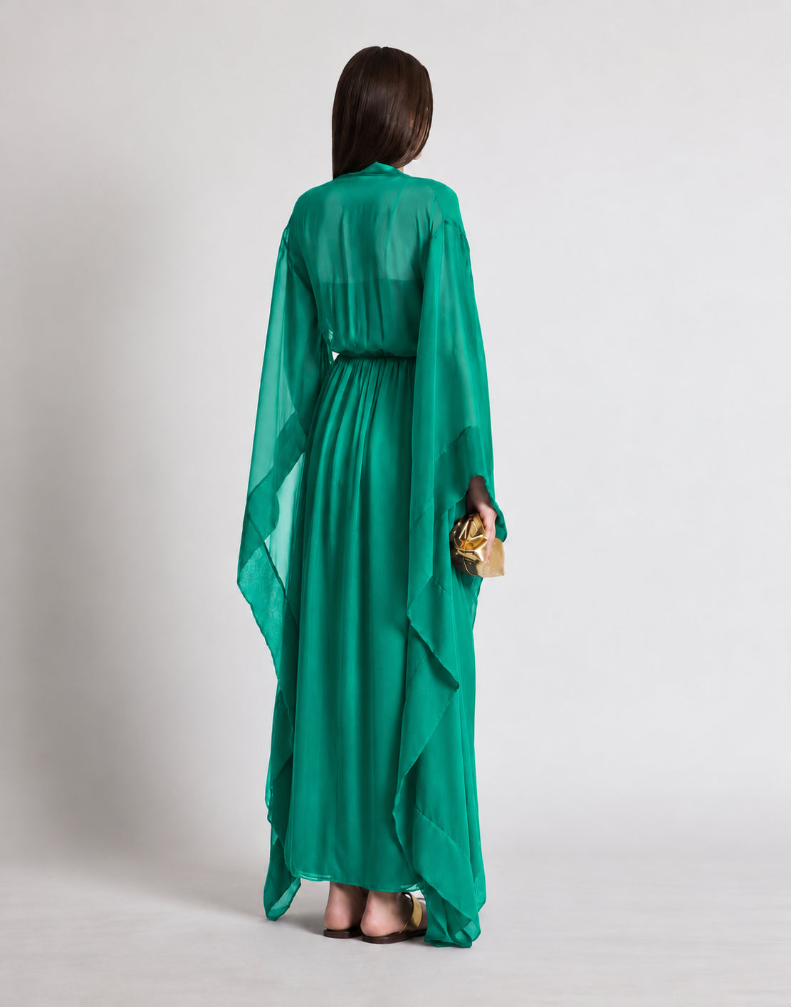 Long robe en soie à manches larges - Bottle green