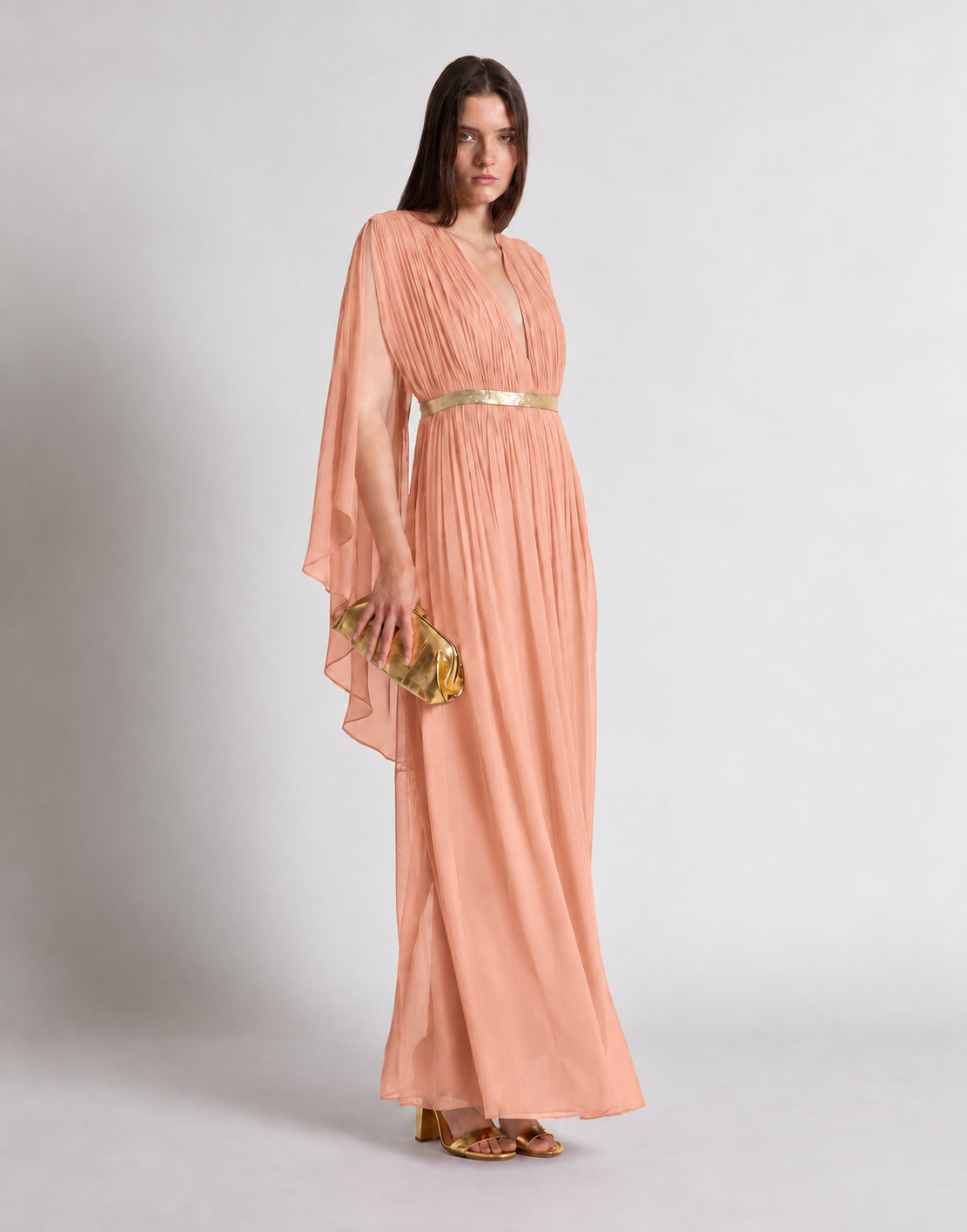 Robe longue en soie avec cape  - Beige