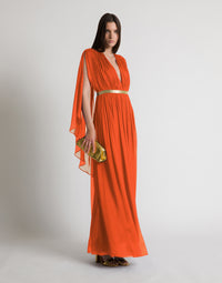 Robe longue en soie avec cape  - Orange