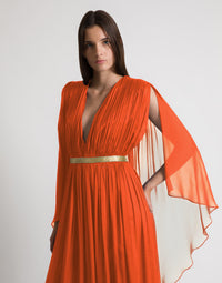 Robe longue en soie avec cape  - Orange