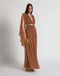 Robe longue en soie avec cape  - Brown Orange