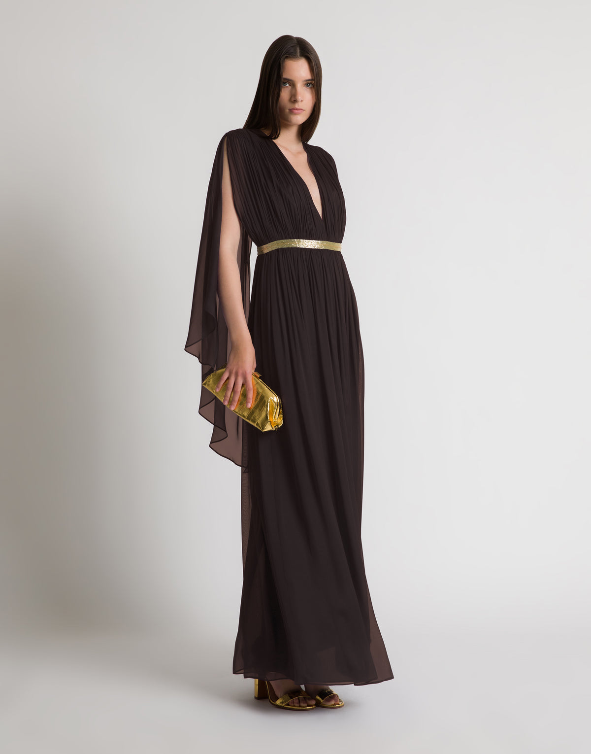 Robe longue en soie avec cape  - Brown