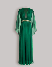 Robe longue en soie avec cape  - Bottle green