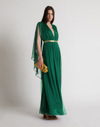 Robe longue en soie avec cape  - Bottle green