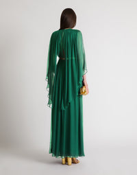 Robe longue en soie avec cape  - Bottle green