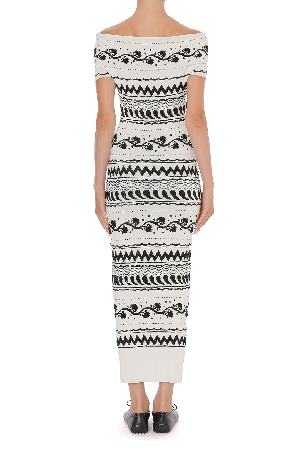 Robe Midi Jacquard Épaules Dénudées - White