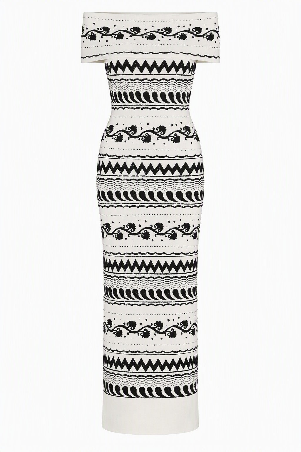 Robe Midi Jacquard Épaules Dénudées - White