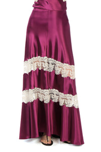 Jupe Longue Satinée à Dentelle - Purple