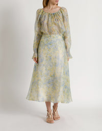 Jupe en organza de soie à imprimé floral - Yellow