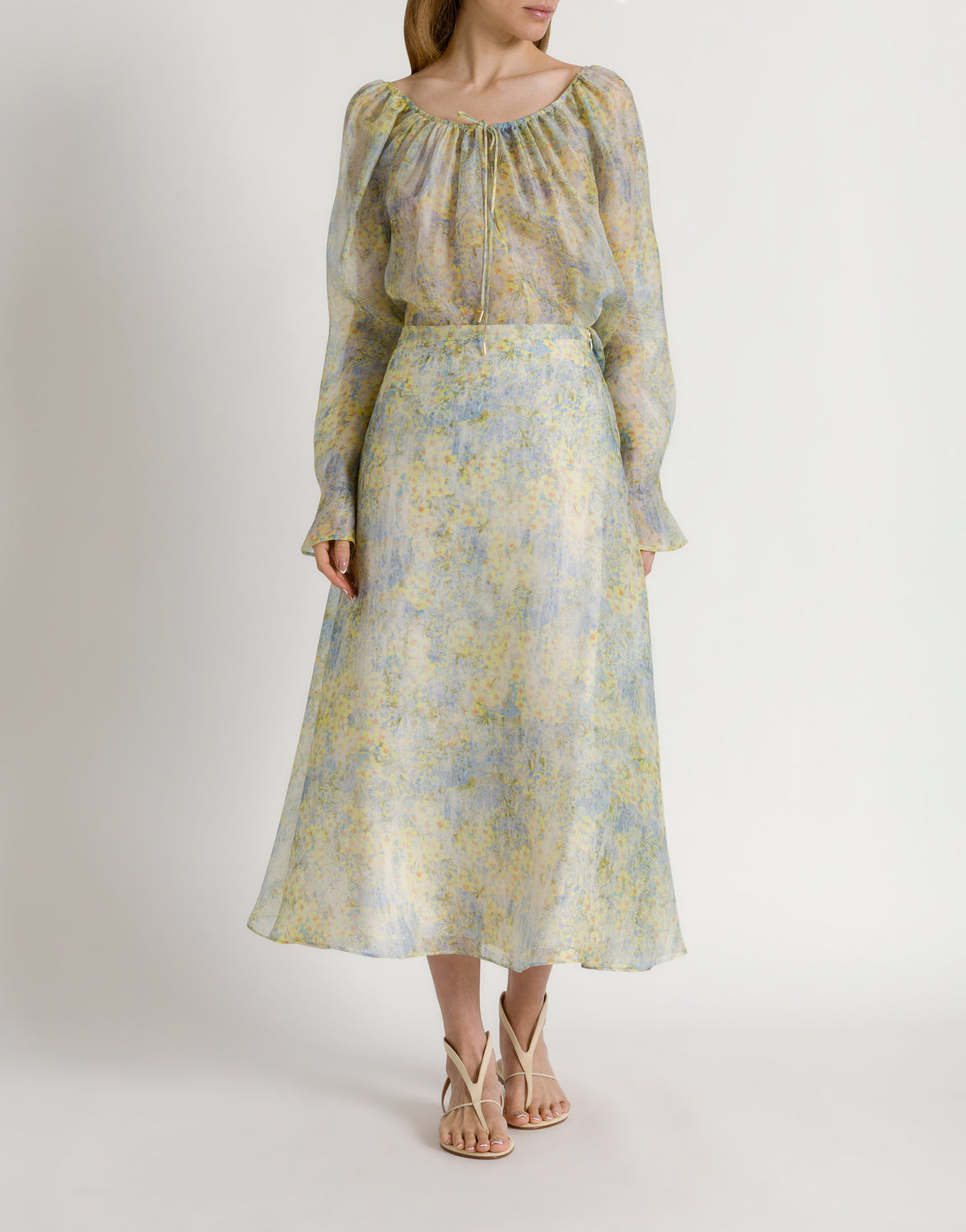 Jupe en organza de soie à imprimé floral - Yellow