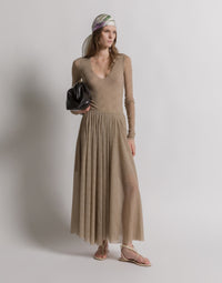 Jupe plissée en tulle imprimé - Beige
