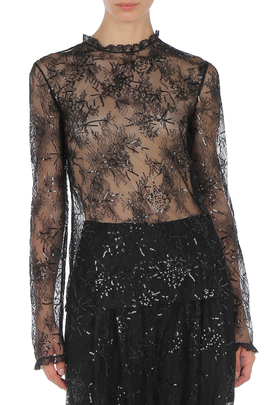 Chemisier en dentelle brodée et paillettes - Black