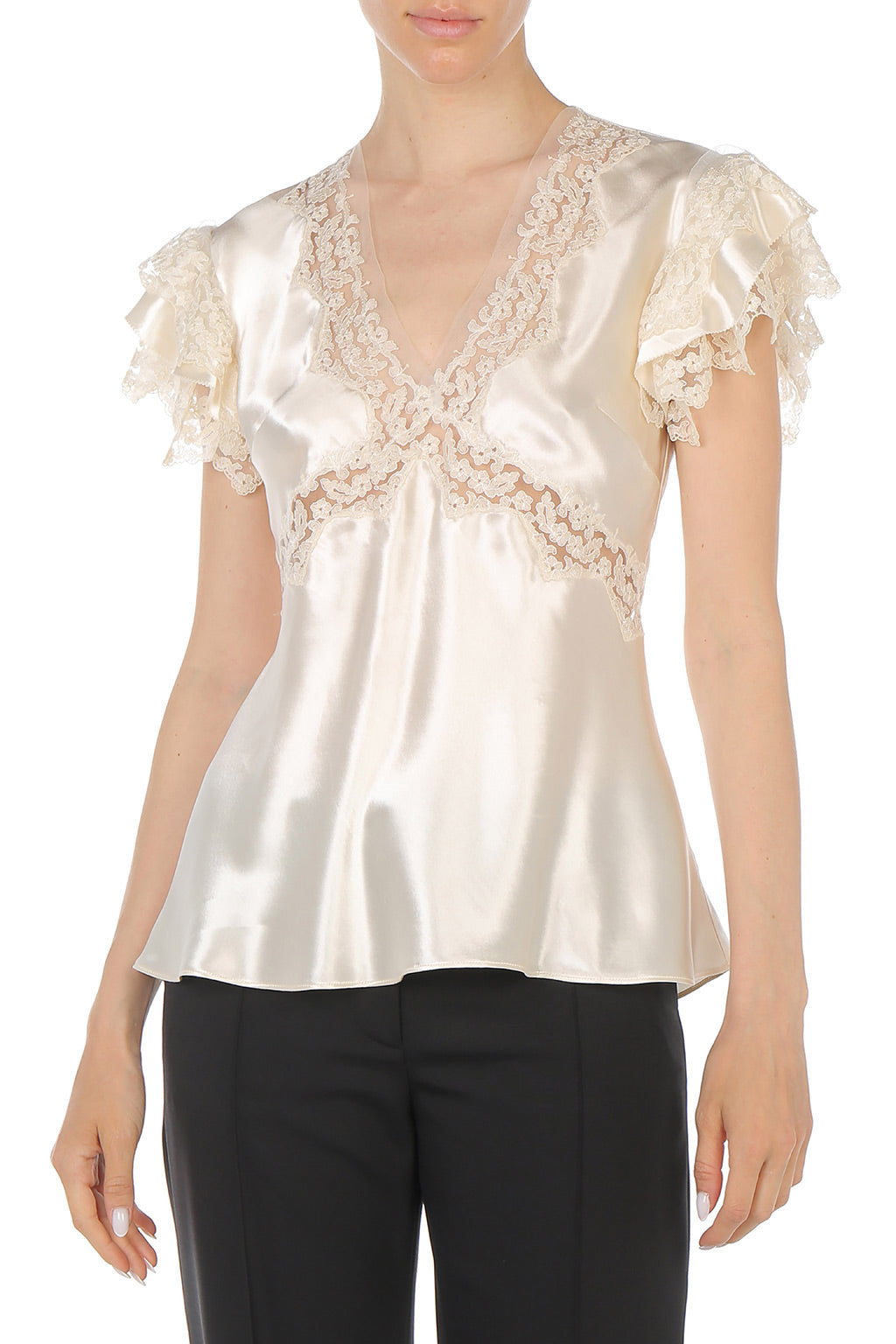 Topin en satin avec inserts en dentelle - White
