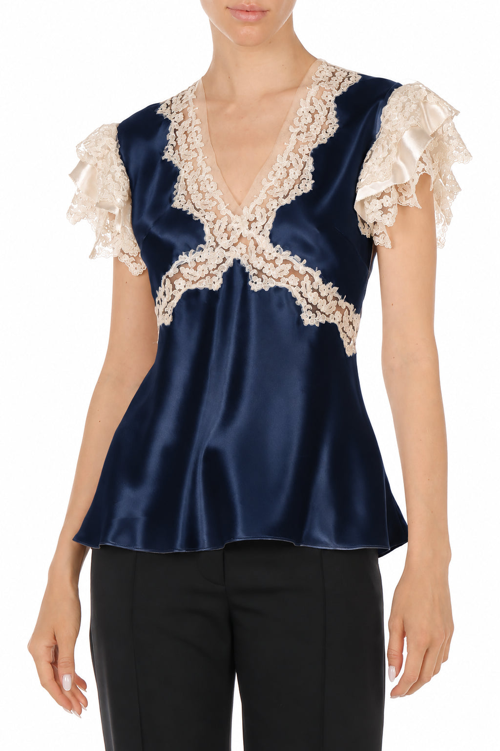 Topin en satin avec inserts en dentelle - Blue