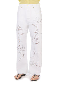 Pantalon avec broderie florale en denim - White