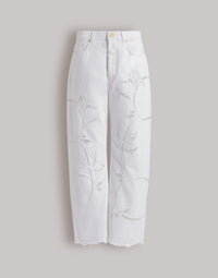 Pantalon avec broderie florale en denim - White