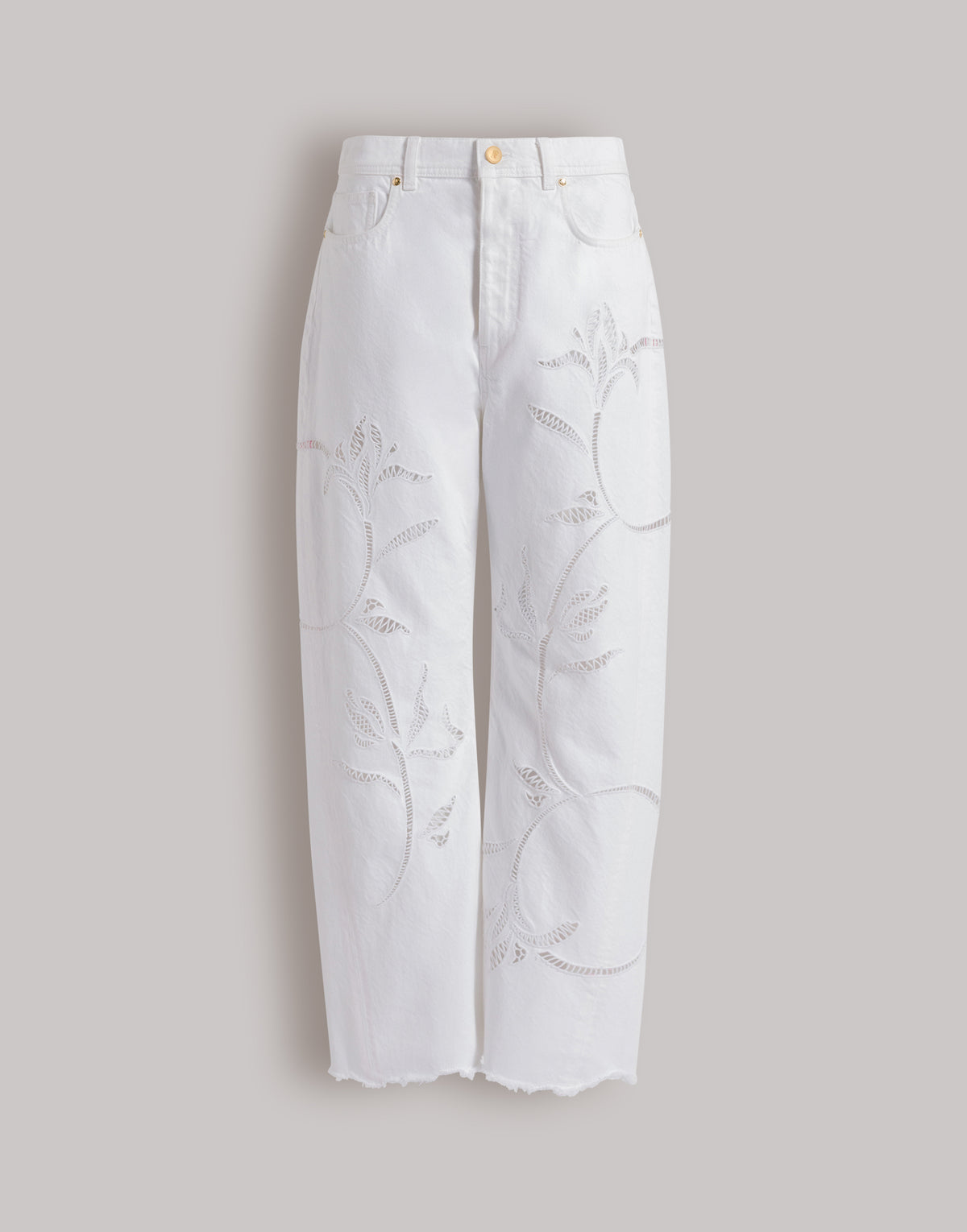 Pantalon avec broderie florale en denim - White