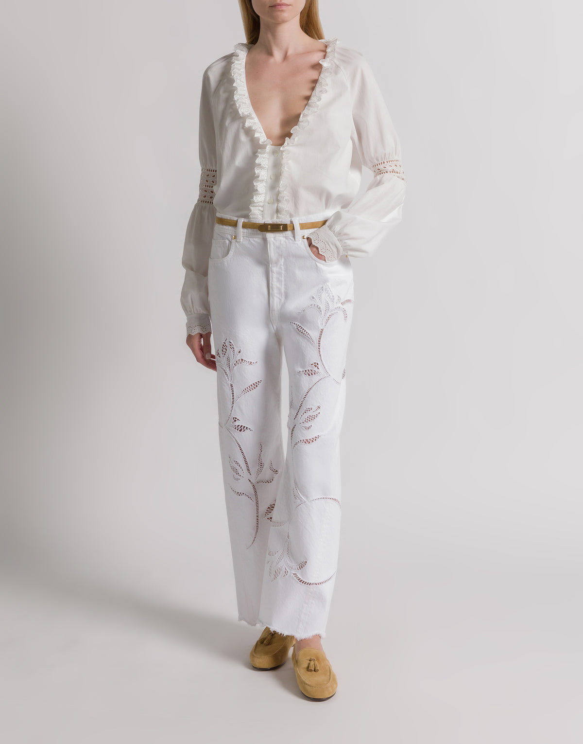 Pantalon avec broderie florale en denim - White