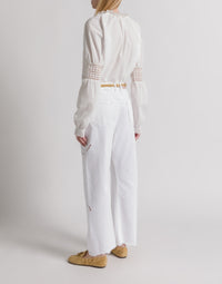 Pantalon avec broderie florale en denim - White