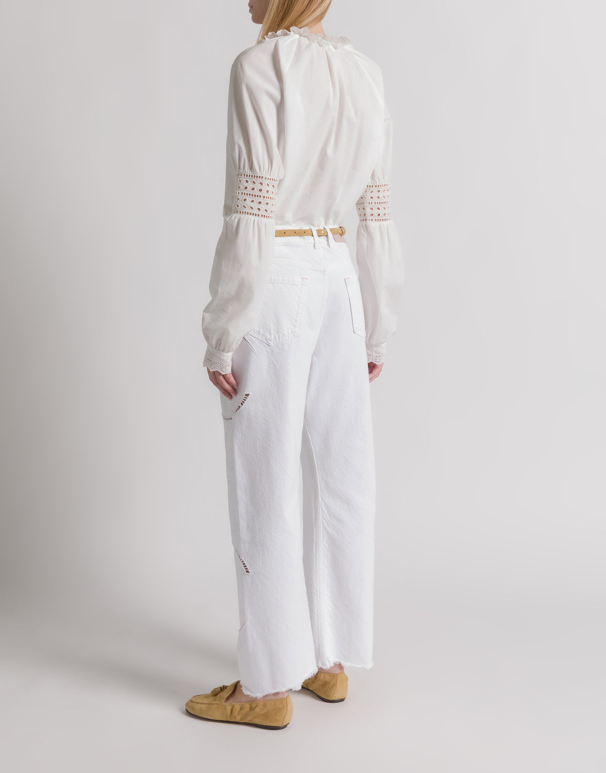 Pantalon avec broderie florale en denim - White