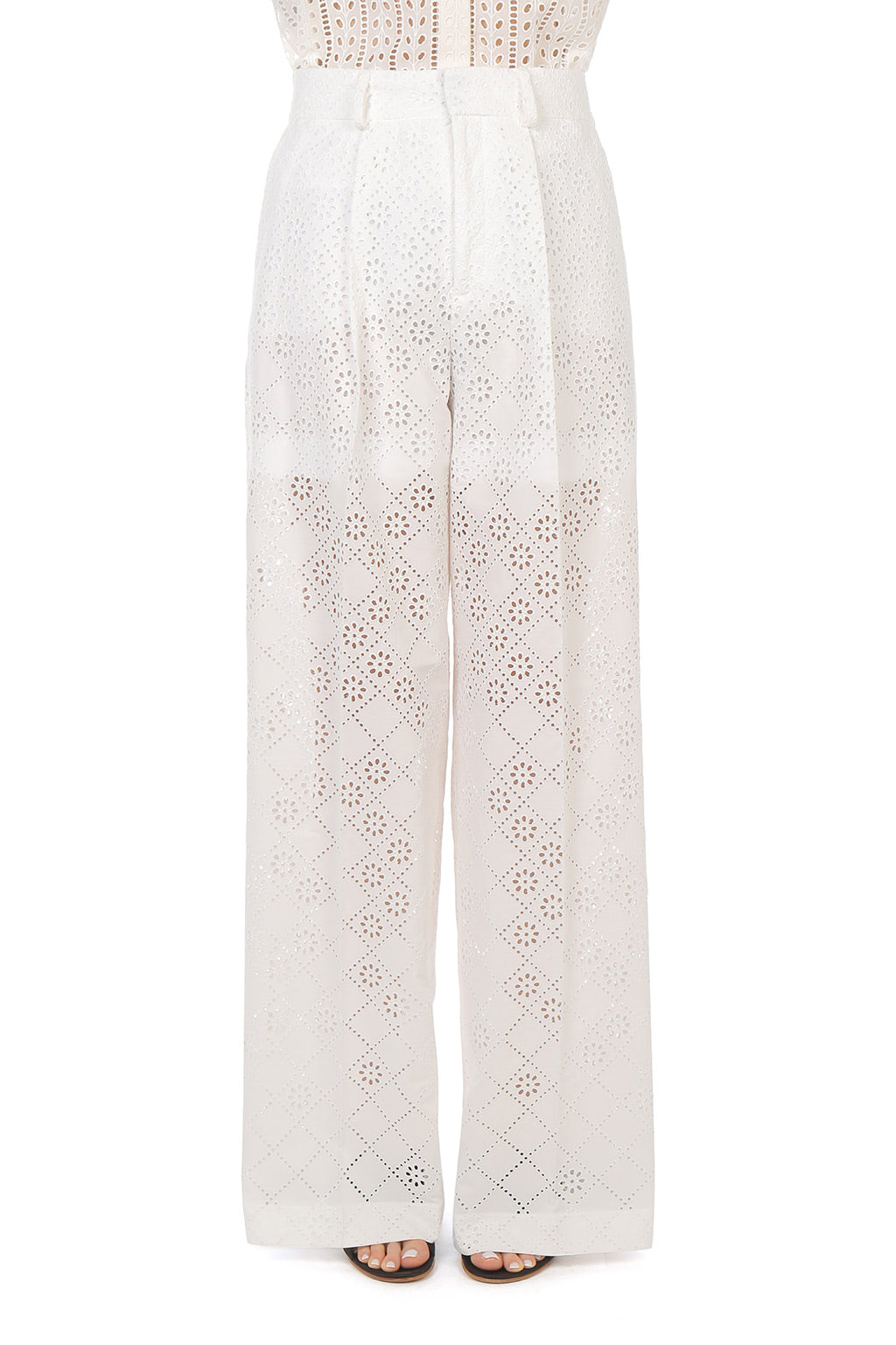 Pantalon large en dentelle Sangallo - White