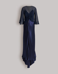 Robe longue en satin brillant avec cape  - Blue
