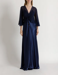 Robe longue en satin brillant avec cape  - Blue