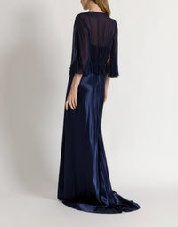 Robe longue en satin brillant avec cape  - Blue