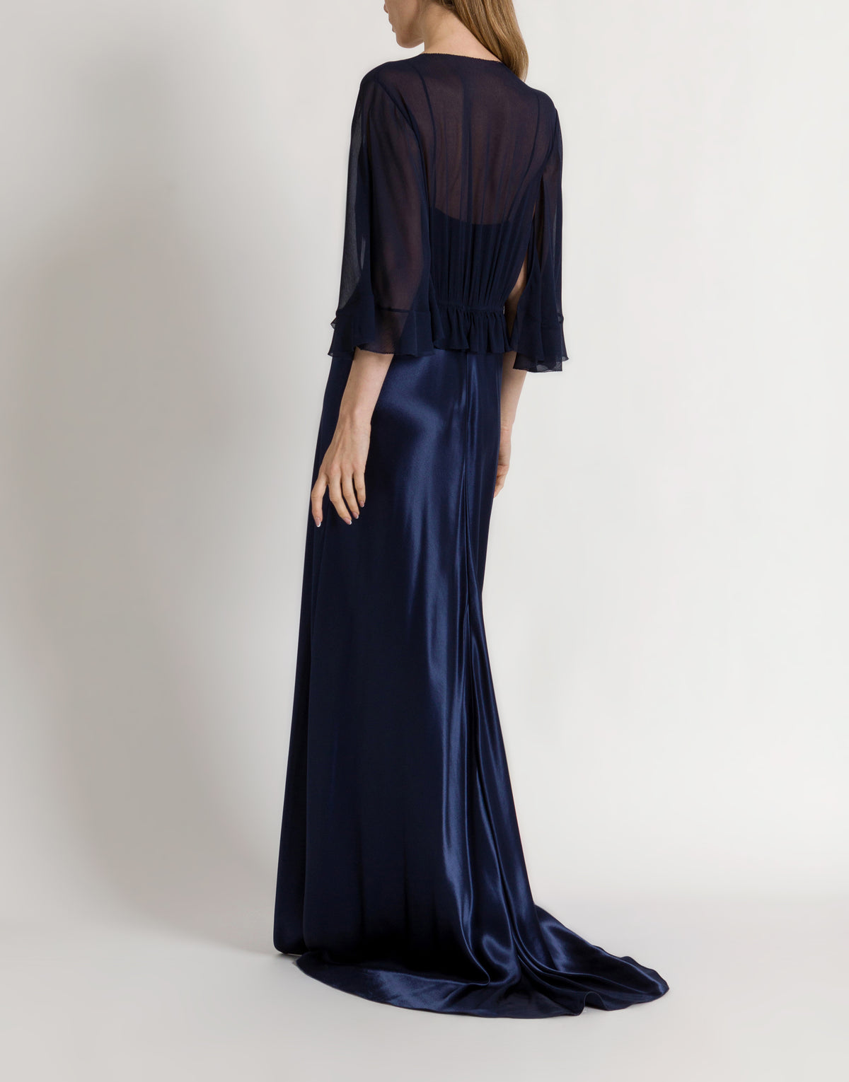 Robe longue en satin brillant avec cape  - Blue