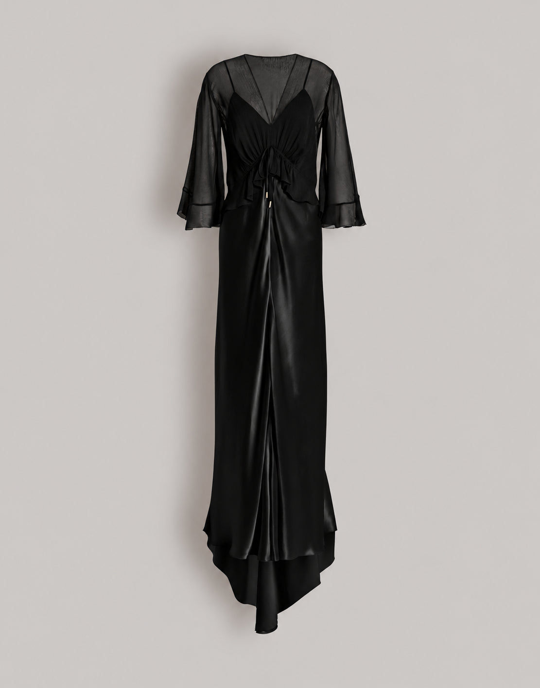 Robe longue en satin brillant avec cape  - Black