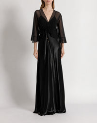 Robe longue en satin brillant avec cape  - Black