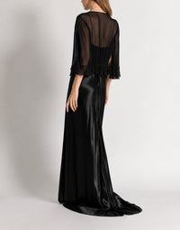 Robe longue en satin brillant avec cape  - Black