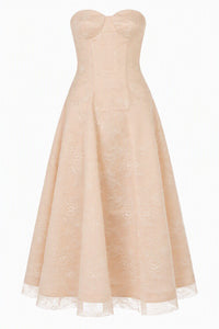 Robe Midi Bustier en Dentelle - Beige