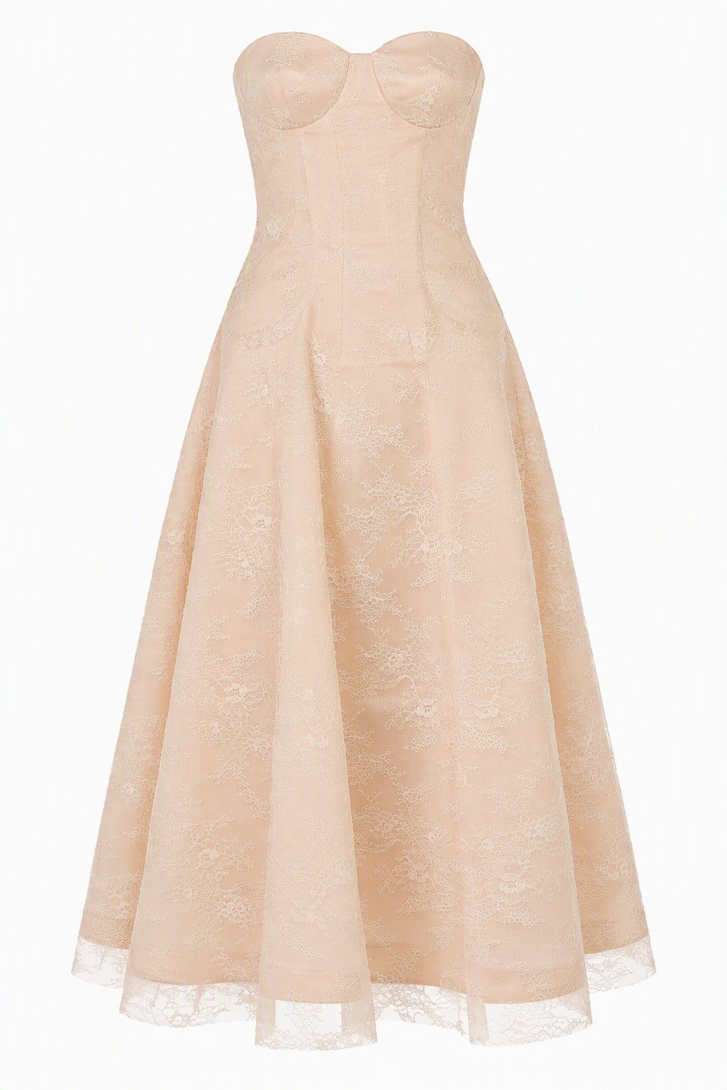 Robe Midi Bustier en Dentelle - Beige