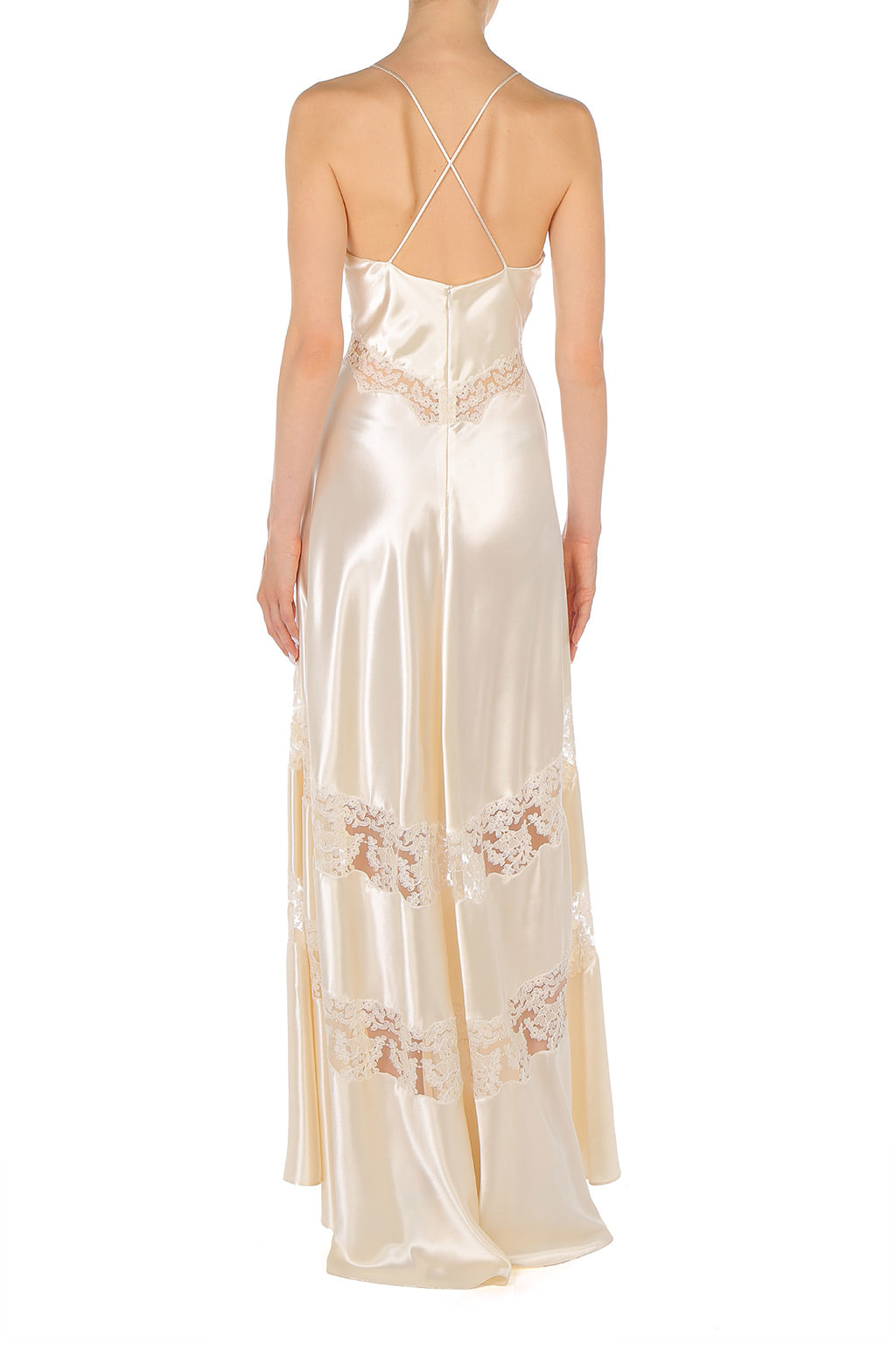 Robe en satin avec empiècements en dentelle - White
