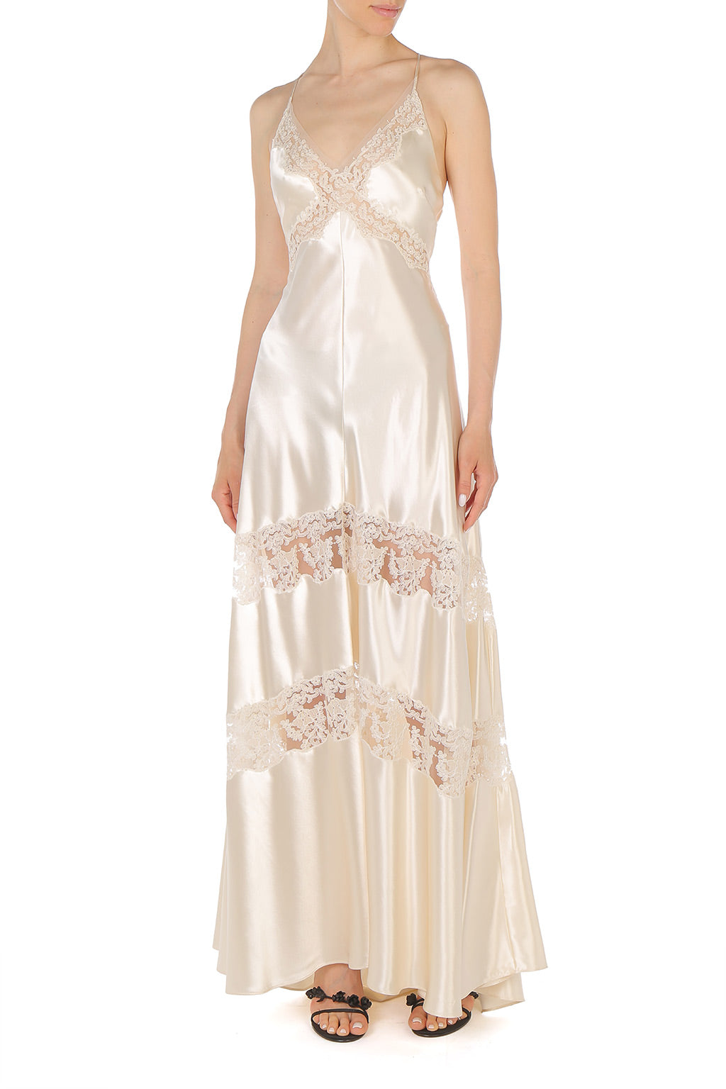 Robe en satin avec empiècements en dentelle - White