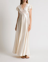 Robe en satin avec manches en dentelle - White