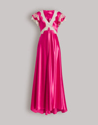 Robe en satin avec manches en dentelle - Fucsia