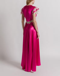 Robe en satin avec manches en dentelle - Fucsia