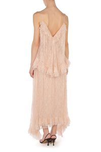 Robe Longue en Dentelle à Volants - Beige