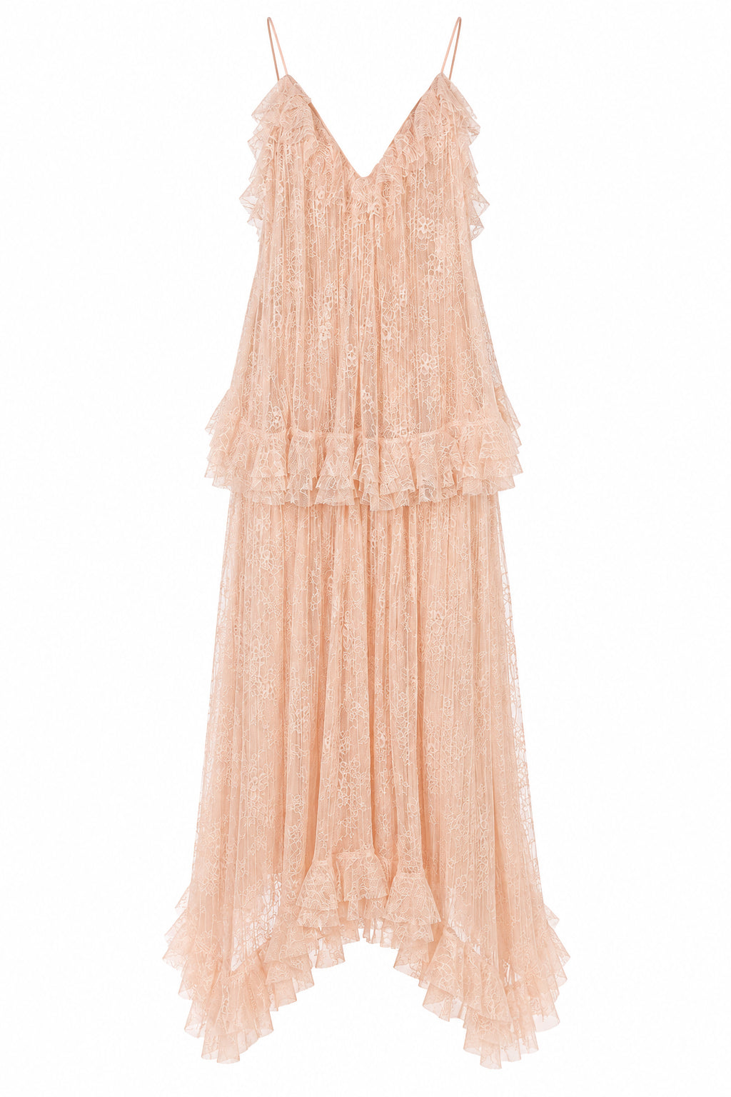 Robe Longue en Dentelle à Volants - Beige