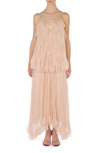 Robe Longue en Dentelle à Volants - Beige