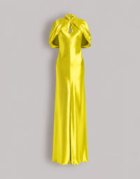 Robe de soirée en satin avec manches cape - Yellow