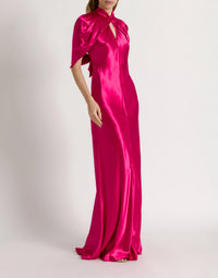 Robe de soirée en satin avec manches cape - Pink