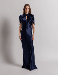 Robe de soirée en satin avec manches cape - Blue